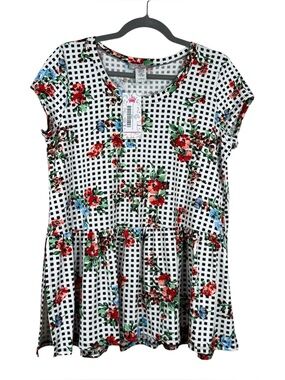 NEW Pretty Young Thing Black White Gingham Floral Peplum Hem Top Size XL